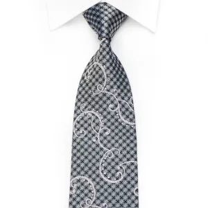 Renoma Men's Crystal Silk Tie Silver Scrolls On Silver Black With Sparkles