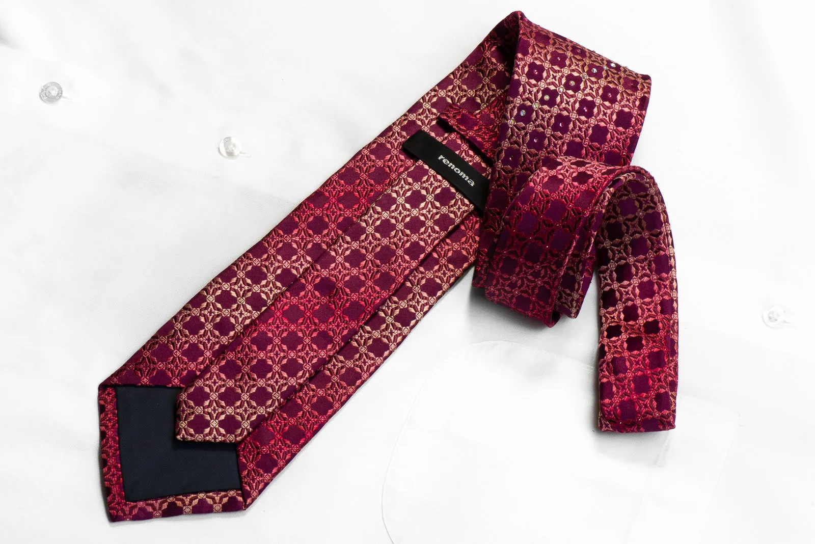 Renoma Rhinestone Silk Necktie Cartouche On Burgundy With Sparkles