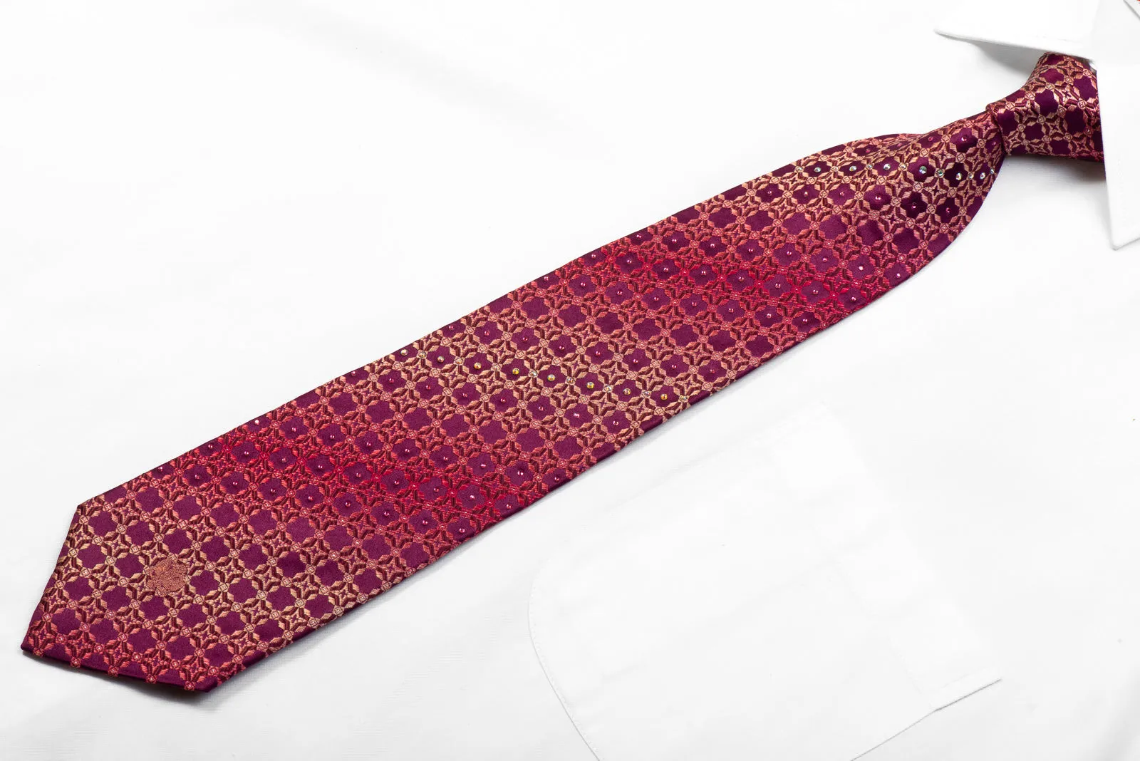 Renoma Rhinestone Silk Necktie Cartouche On Burgundy With Sparkles