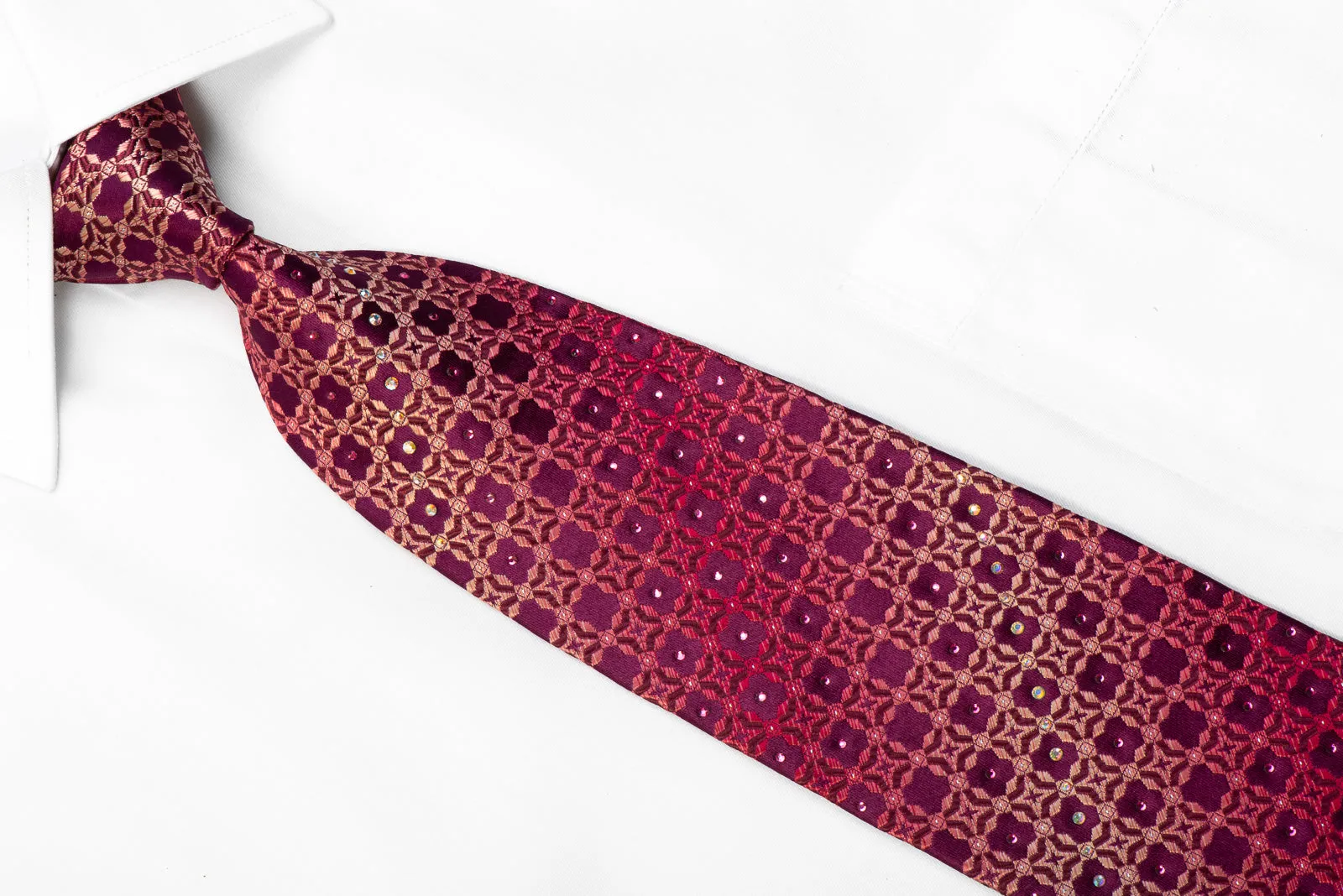 Renoma Rhinestone Silk Necktie Cartouche On Burgundy With Sparkles