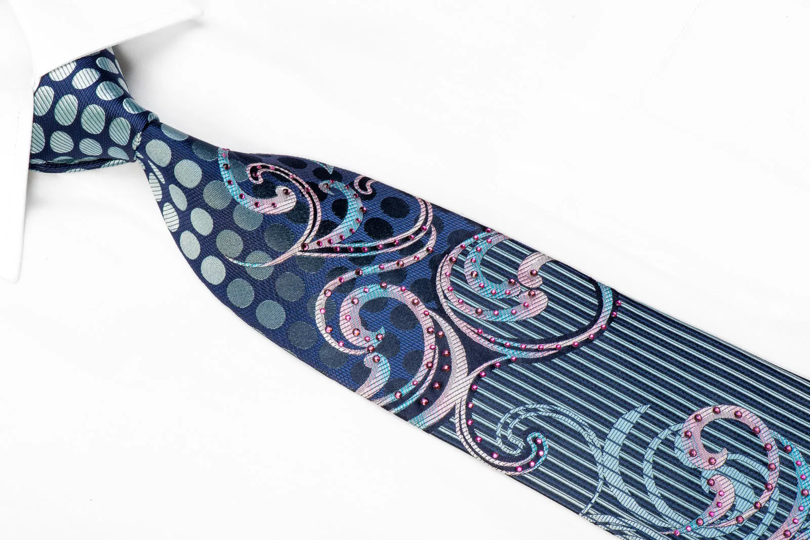 Renoma Rhinestone Tie Mauve Scrolls & Geometric On Blue