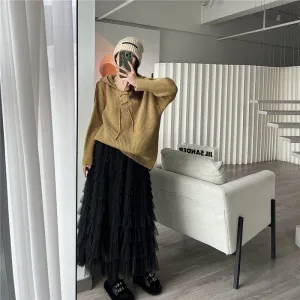 Retro Hooded Petite Knitted Loose Fit Lazy Sweater