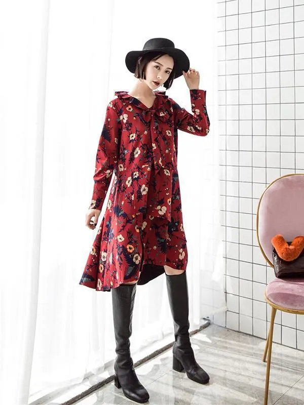 Retro Red Floral-Printed Long Sleeve Fabala Neck Bohemia Dress
