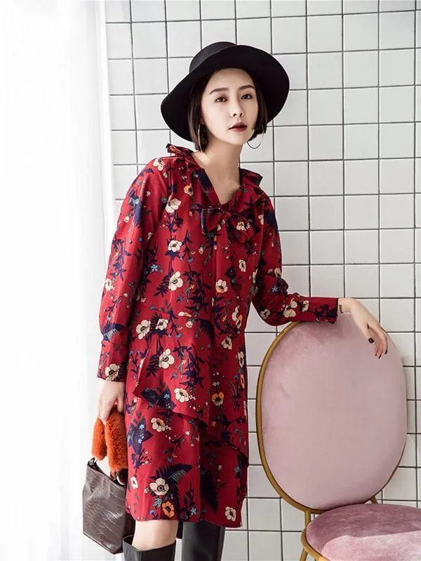 Retro Red Floral-Printed Long Sleeve Fabala Neck Bohemia Dress