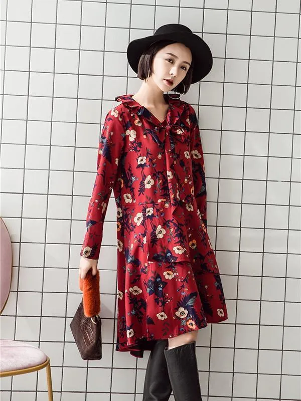 Retro Red Floral-Printed Long Sleeve Fabala Neck Bohemia Dress