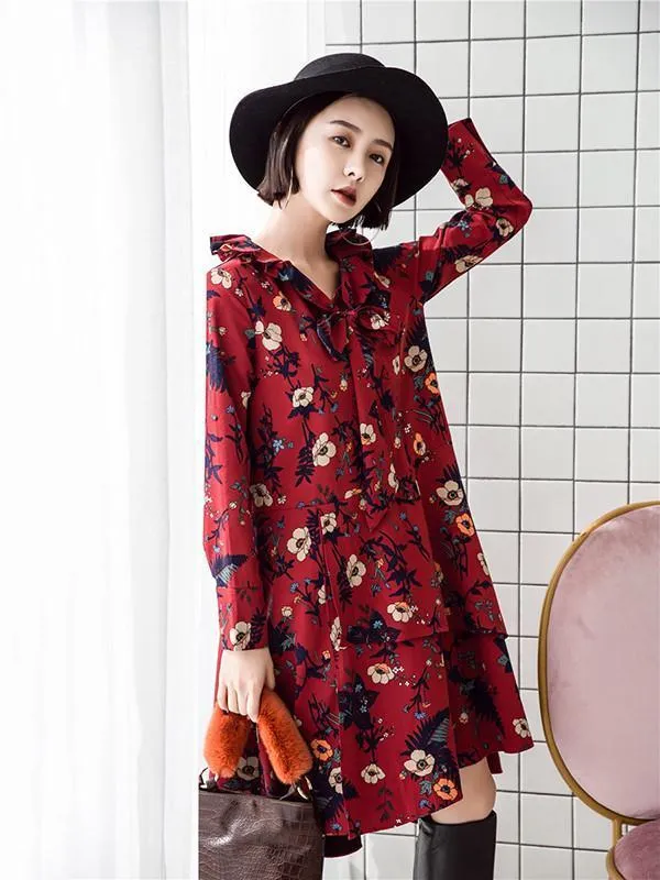 Retro Red Floral-Printed Long Sleeve Fabala Neck Bohemia Dress