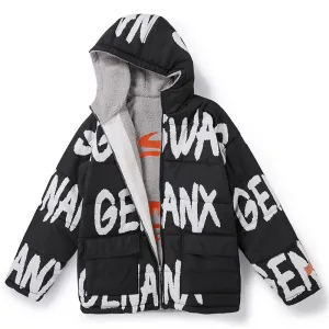 Reversible Letter Print Hooded Padded Coat