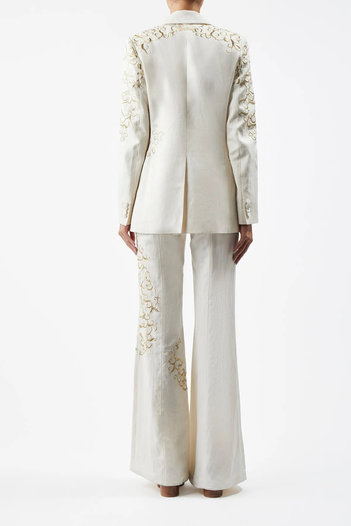 Rhein Embroidered Pant in Ivory Textured Linen