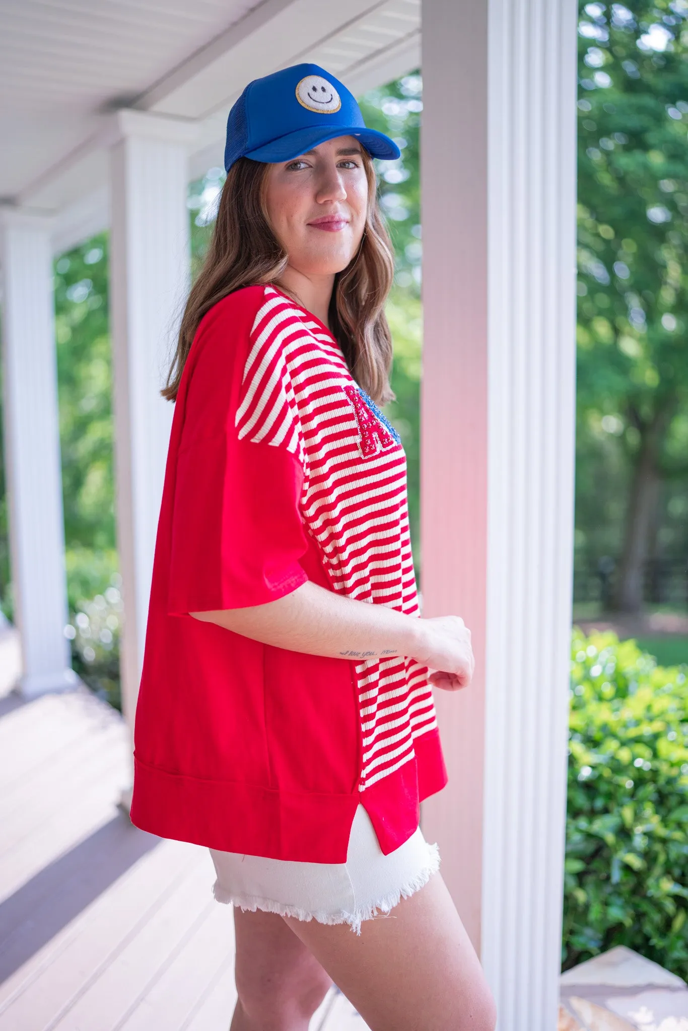Rhinestone America Red Striped Top
