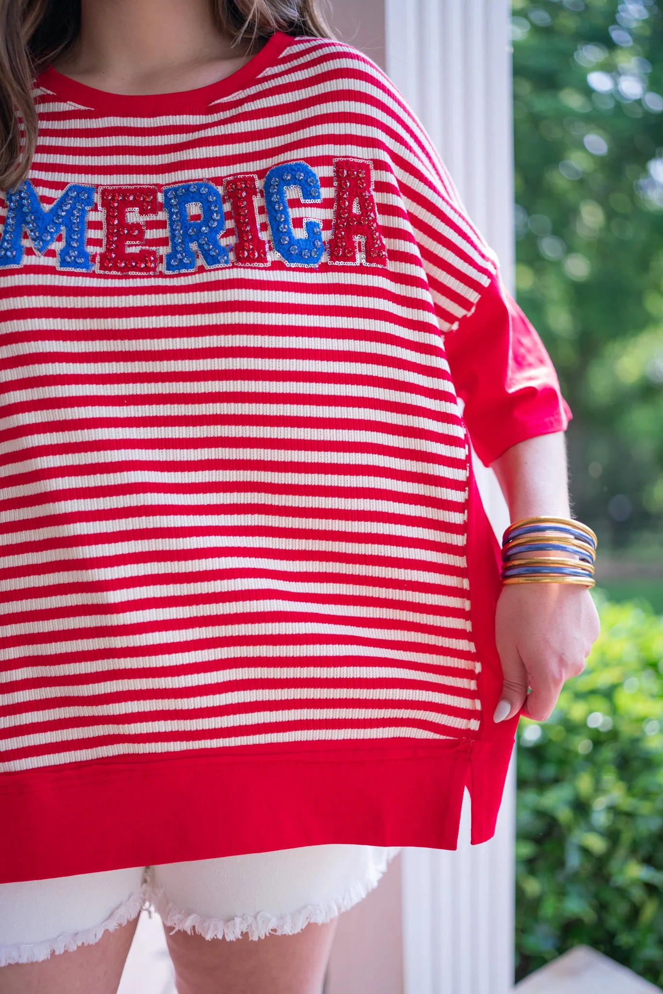 Rhinestone America Red Striped Top