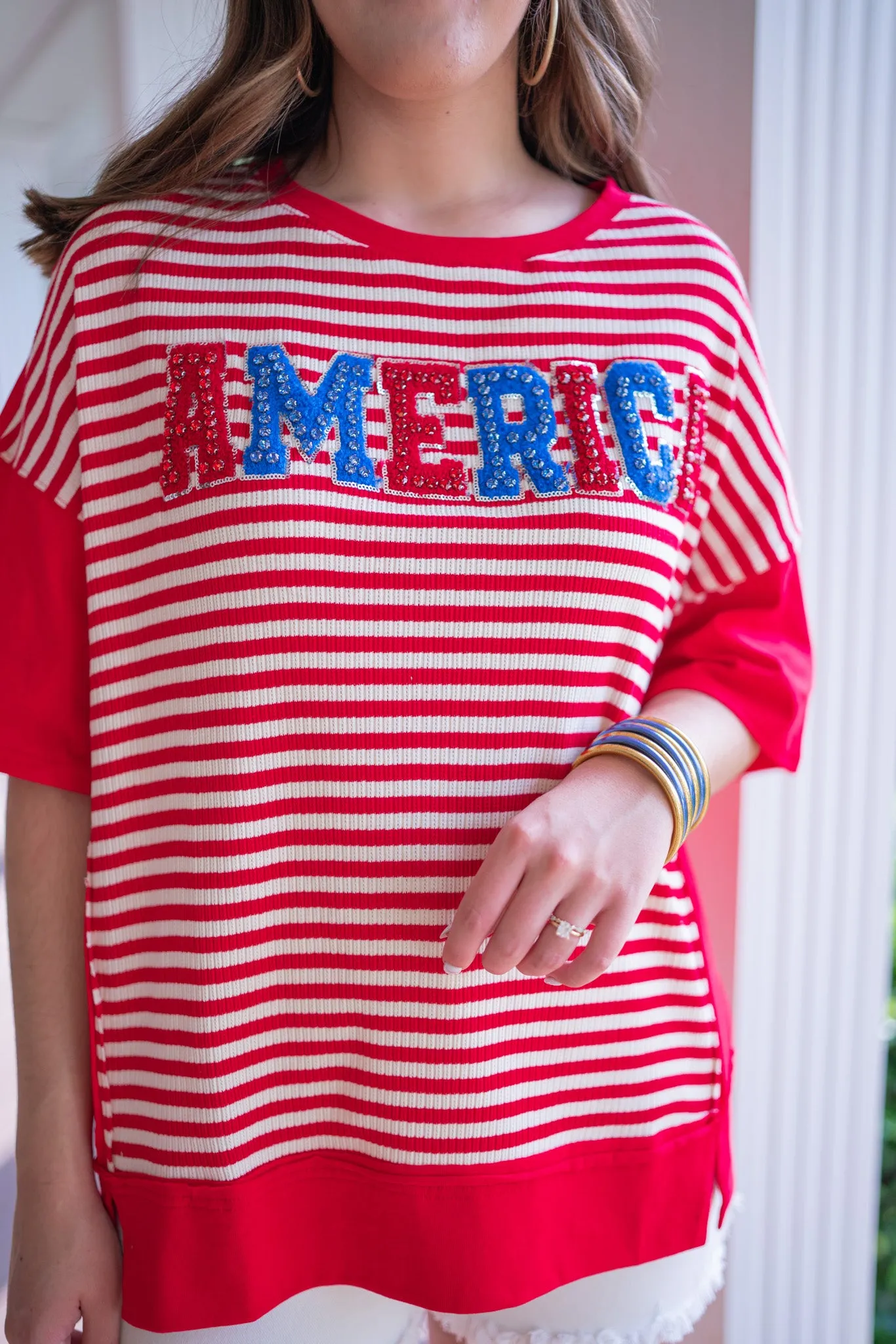 Rhinestone America Red Striped Top