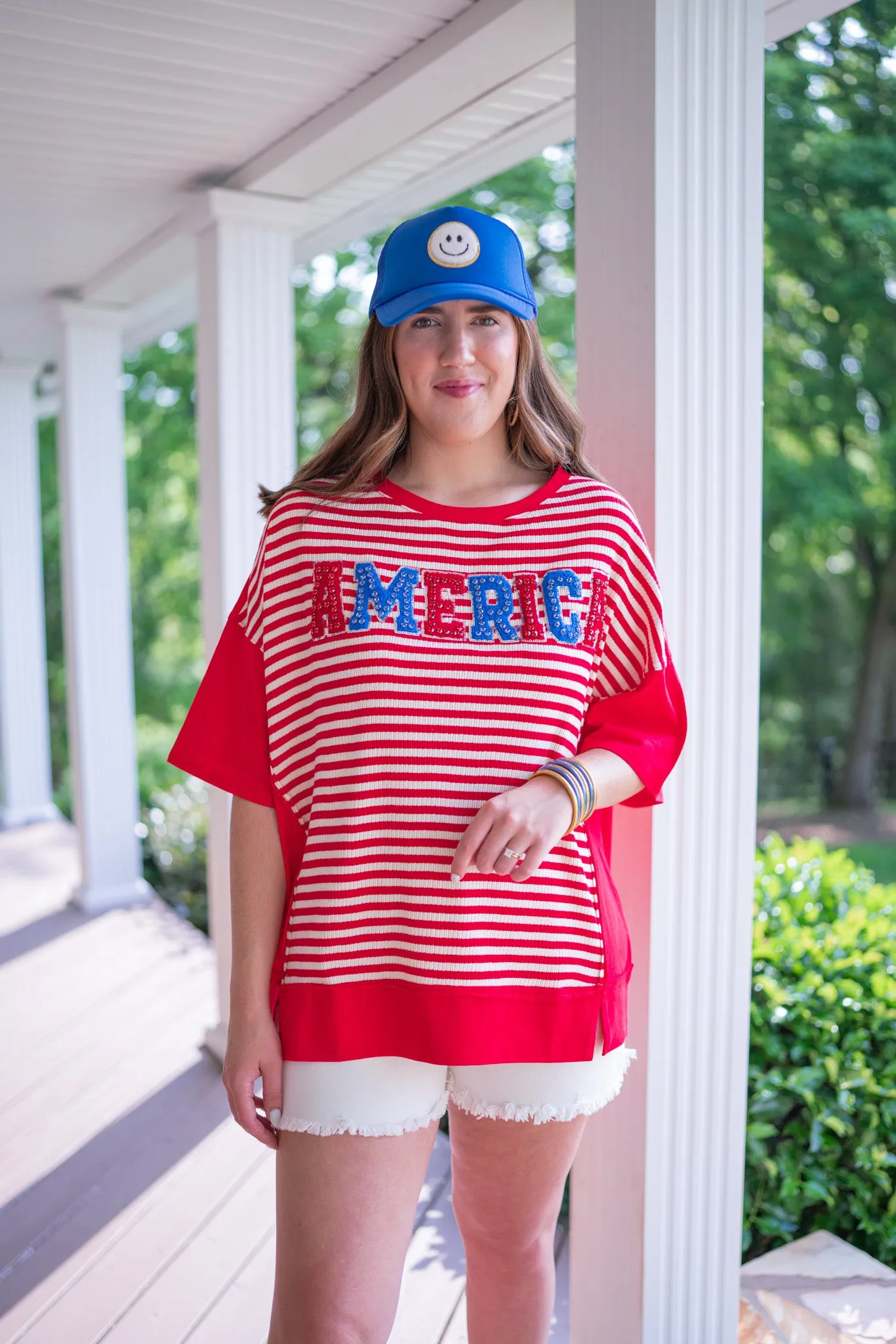 Rhinestone America Red Striped Top