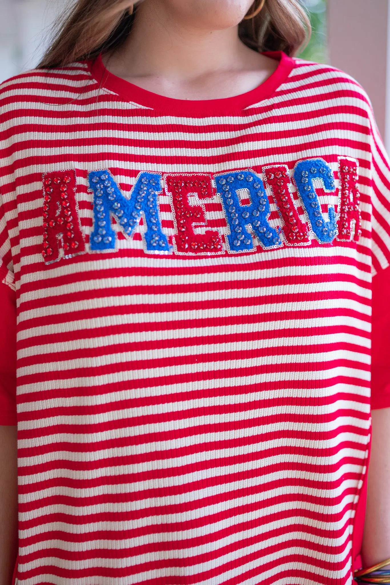 Rhinestone America Red Striped Top