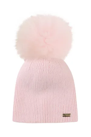 Ribbed knit angora single pompom hat - Pink