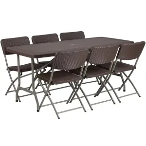 Rivera 7pcs 32.5''W x 67.5''L Plastic Folding Table w/6 Chairs, Brown Rattan
