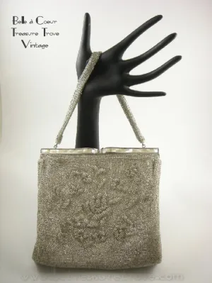 Rocaille Beaded Vintage Evening Purse Sparkling Silver