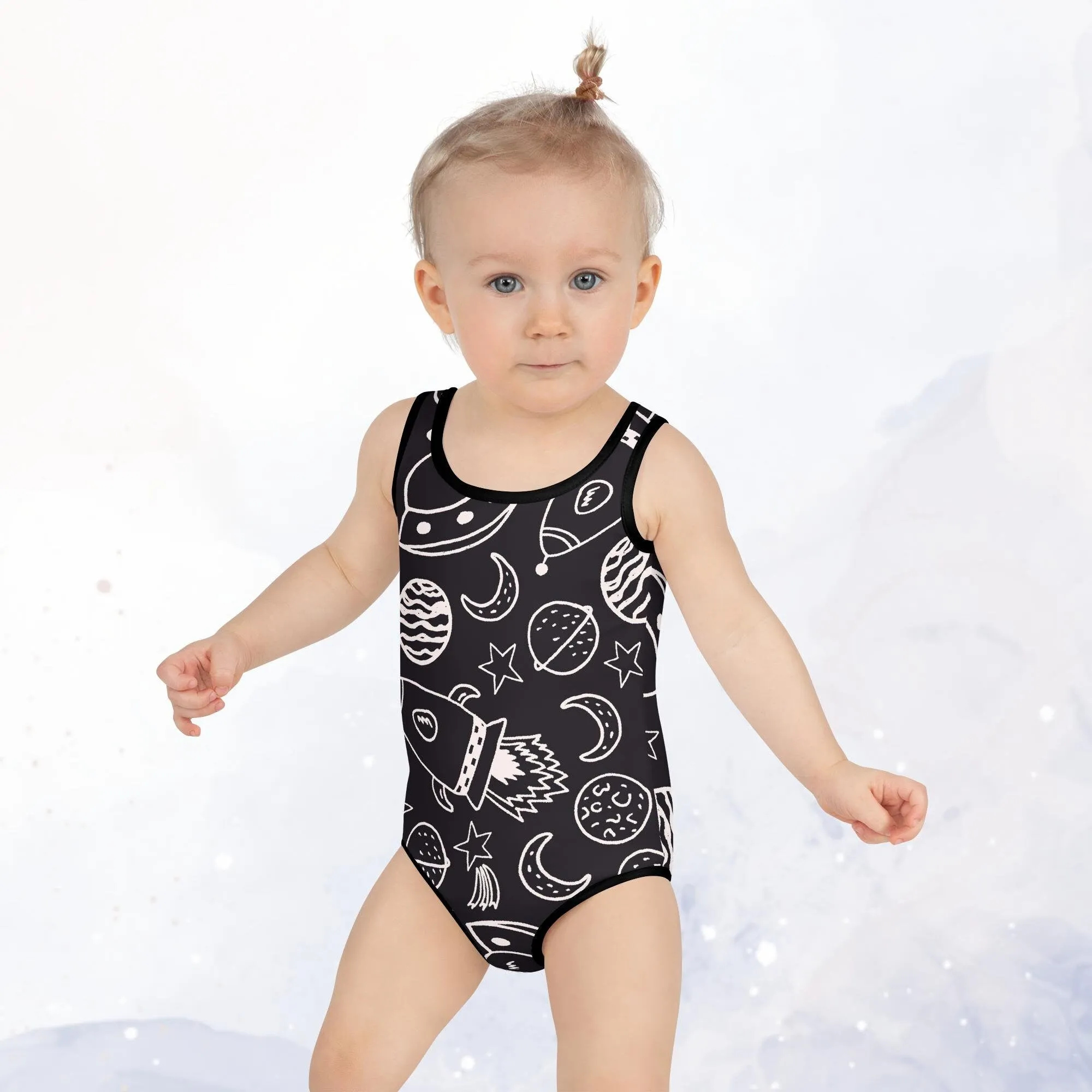 Rockets and Planets Space Print Kids Swimsuit Leotard