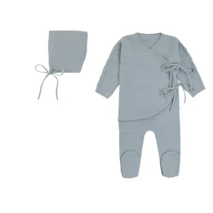 Rompp Double Bow wrap Light Blue Knit Onesie w/Bonnet