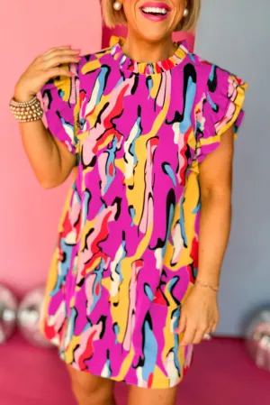 Rose Abstract Print Frill Neck Ruffle Sleeve Mini Dress