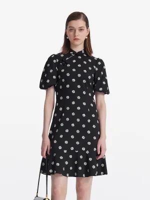 Rose Printed Puff Sleeves Women Qipao Mini Dress