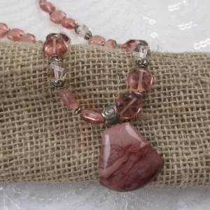 Rose Quartz Crystal  Beaded Necklace with Imperial Jasper Pendant