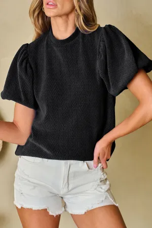 Round Neck Puff Sleeve Blouse Women's Black T Shirt with Short Sleeves Balloon Sleeves