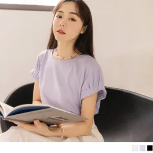 ROUND NECK SHORT SLEEVE RIB CUFF COTTON TOPS