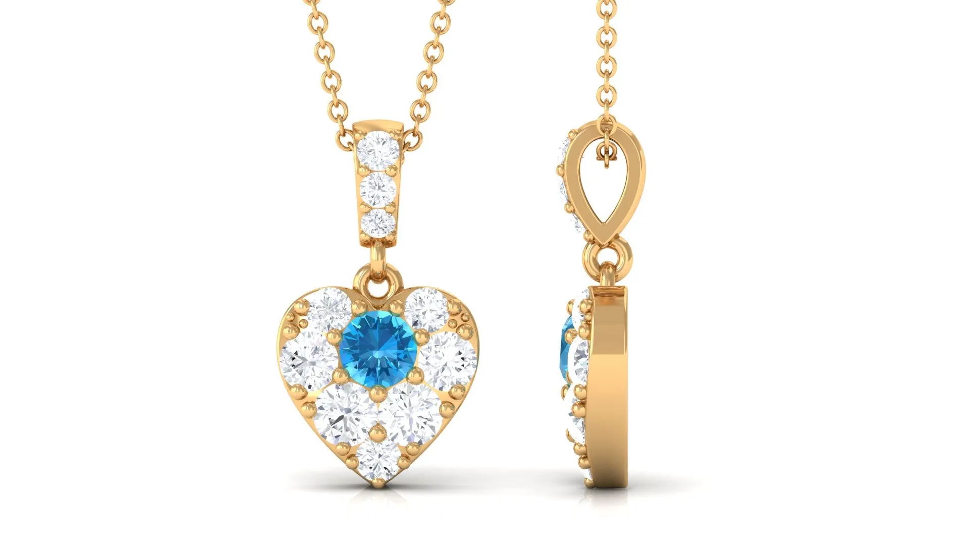 Round Swiss Blue Topaz and Moissanite Heart Pendant with Decorative Bail