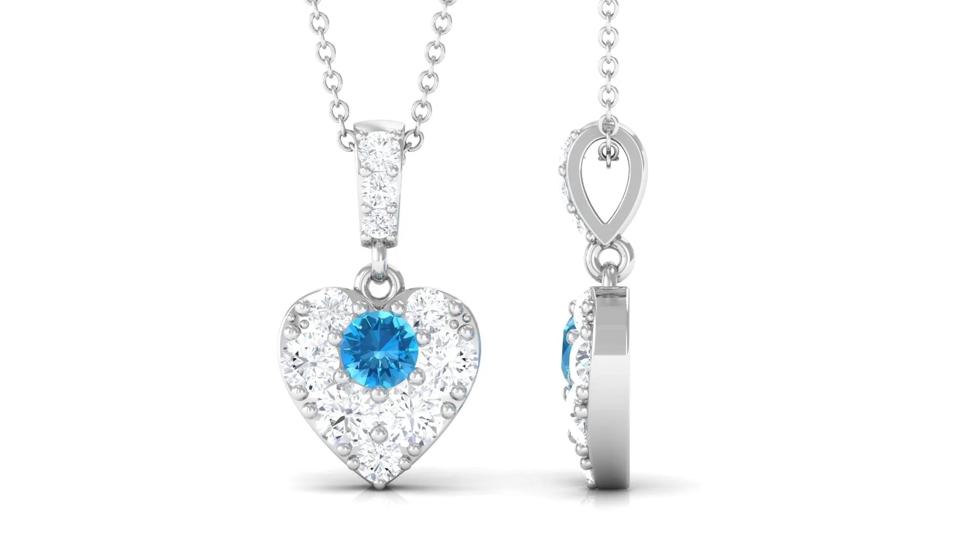 Round Swiss Blue Topaz and Moissanite Heart Pendant with Decorative Bail