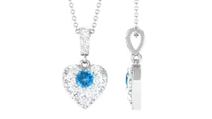 Round Swiss Blue Topaz and Moissanite Heart Pendant with Decorative Bail