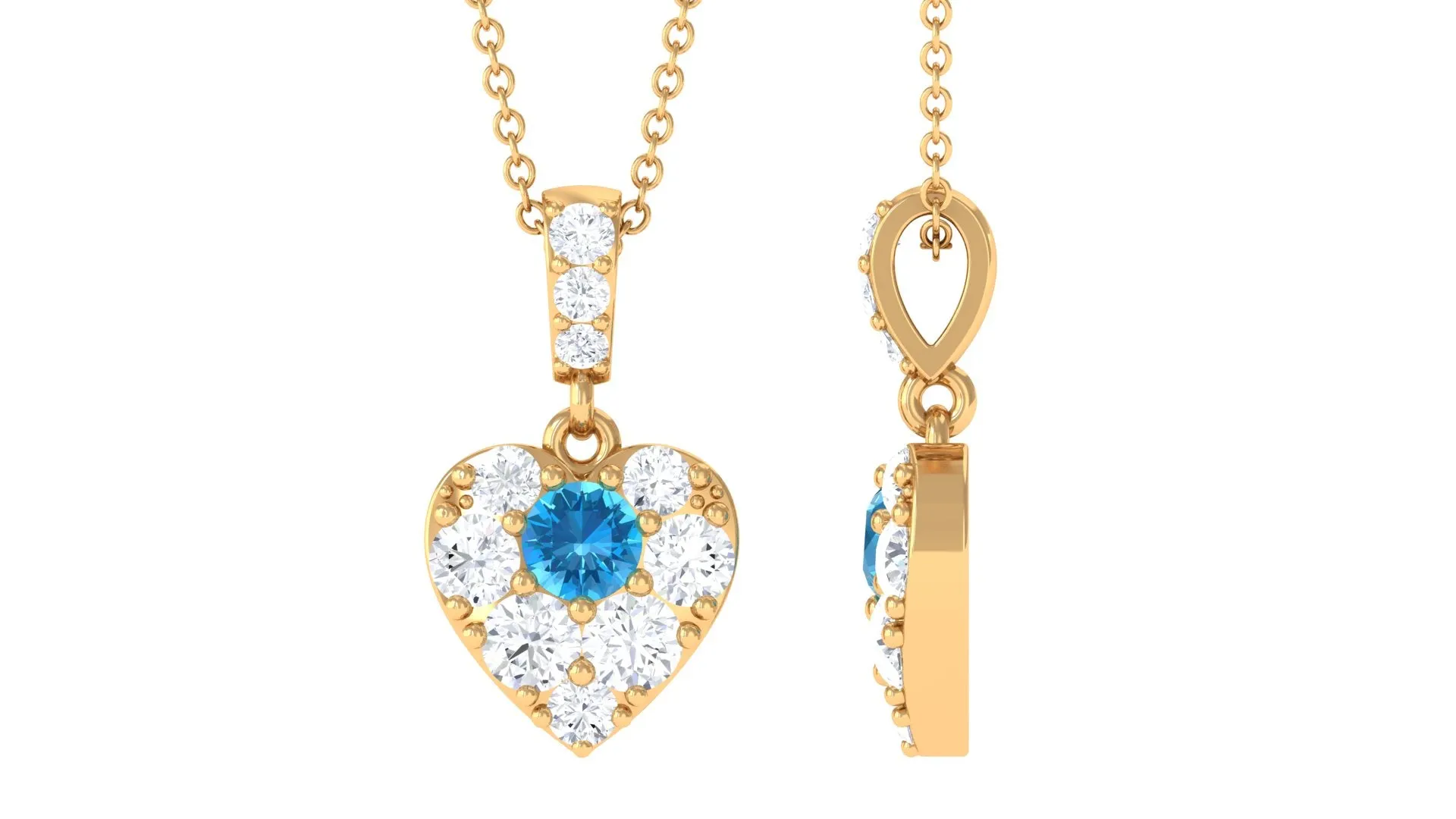 Round Swiss Blue Topaz and Moissanite Heart Pendant with Decorative Bail