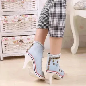 Round Toe Women's Shoes Denim High Heels