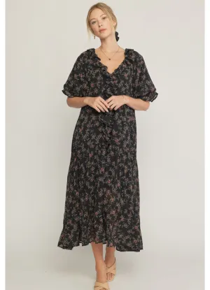 Ruffle Detail Floral Dress in Black by Entro