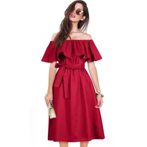 Ruffle Sexy Off Shoulder Dress with Bow Belt