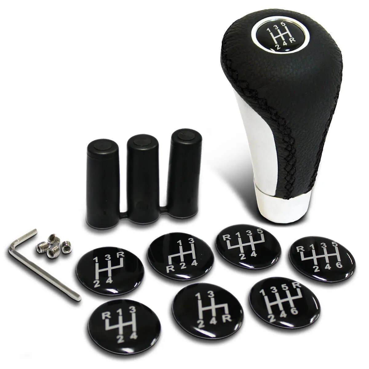 SAAS Black Leather Gear Knob with Aluminium Insert and 8 Shift Pattern Stickers - SGKAL
