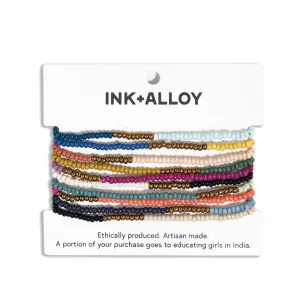 Sage Color Block Beaded 10 Strand Stretch Bracelets - Gold Block