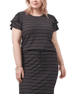 Samira Striped Ruffle-Sleeve Tee | RICH BLACK-060