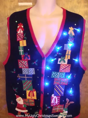 Santa and Stacks of Gifts Light Up Ugly Xmas Sweater Vest