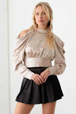 Satin Drape Sleeve Crop Cold Shoulder Top