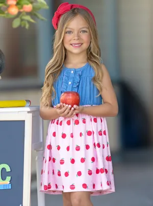 School-Ready Apple Print Chambray Dress