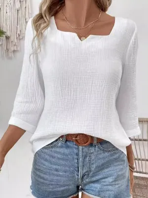 See-Through Solid Color Split-Joint Long Sleeves Loose Square-Neck Blouses&Shirts Tops