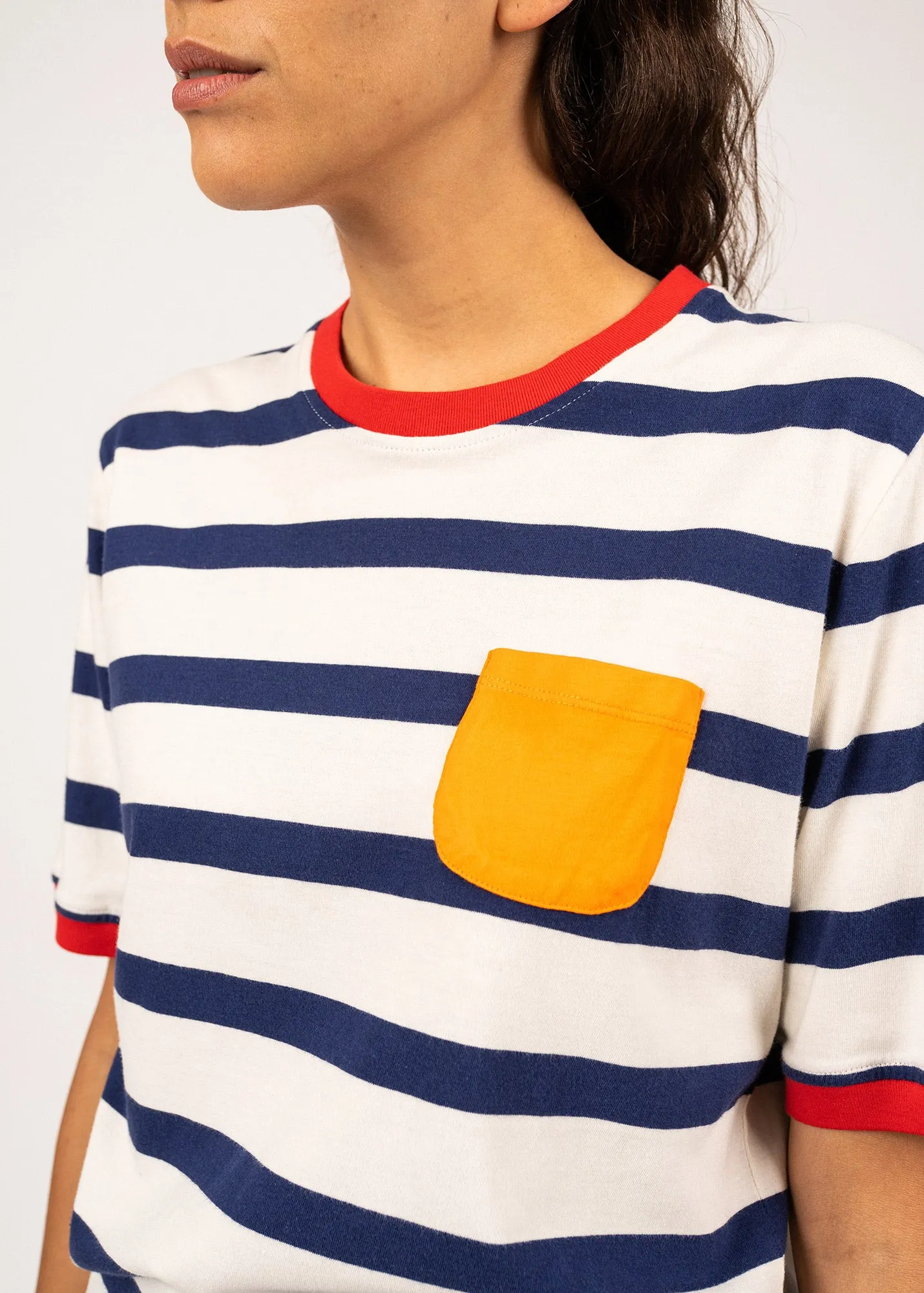 SELENA - Striped Tee with Contrasted Pocket | 100% Cotton (IVORY / INDIGO)