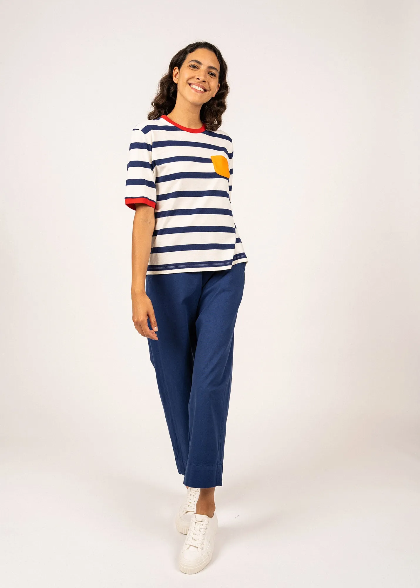 SELENA - Striped Tee with Contrasted Pocket | 100% Cotton (IVORY / INDIGO)