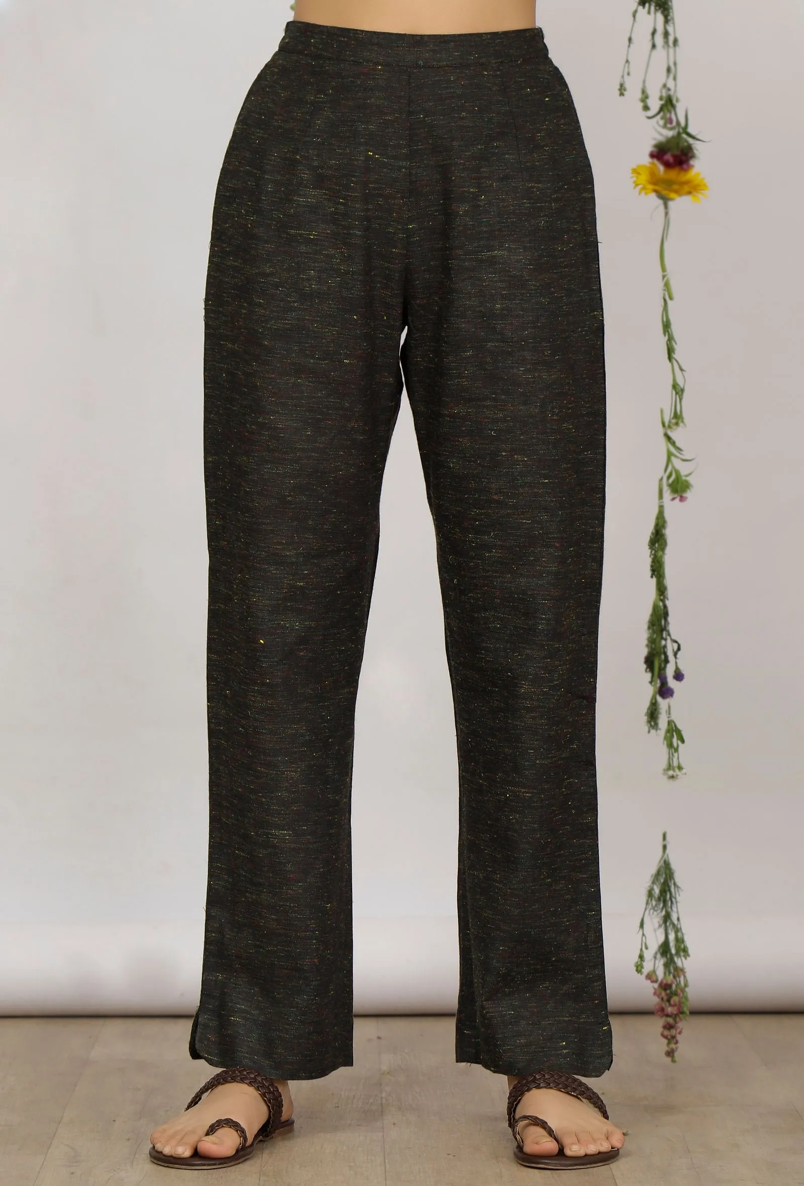 Set of 2: Dark Olive Sleeveless Cotton Khadi Kurta with Dark Olive Straight Pants