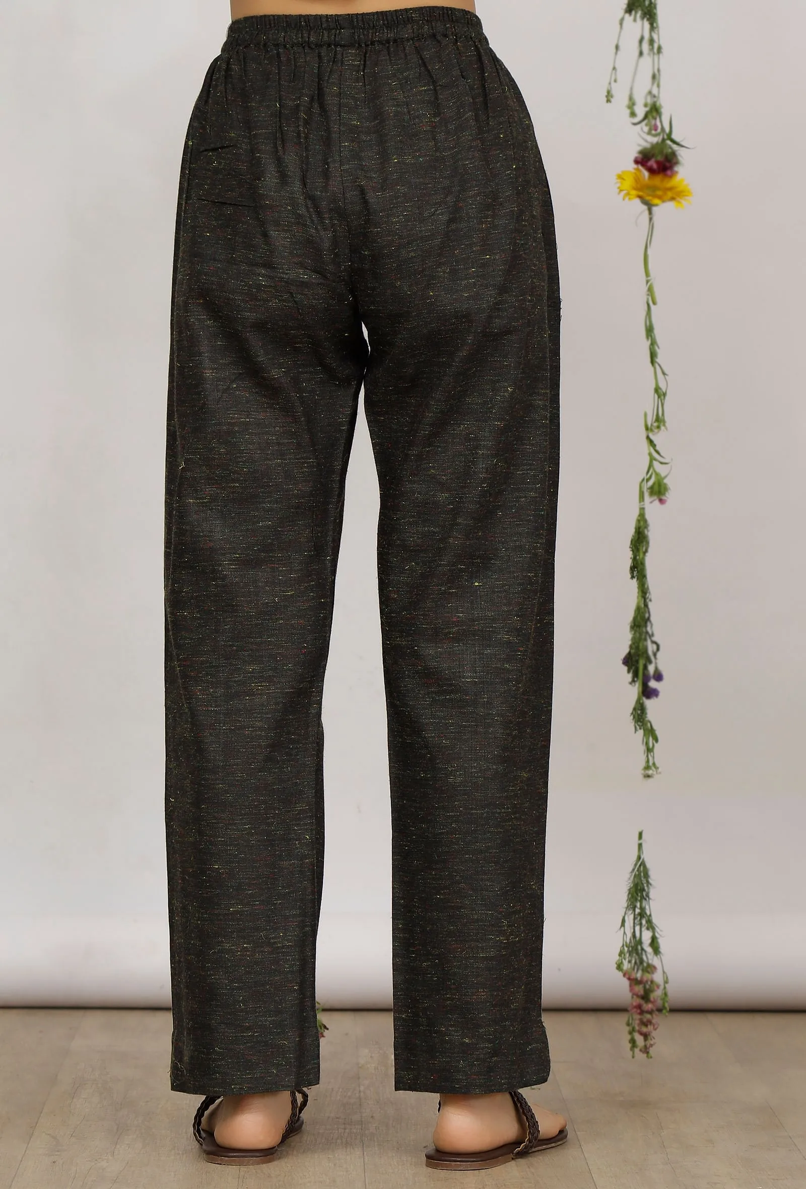 Set of 2: Dark Olive Sleeveless Cotton Khadi Kurta with Dark Olive Straight Pants