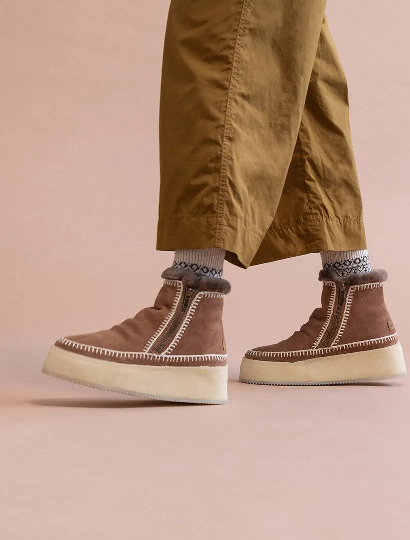 Setsu Platform Crochet Ankle Boot Camel Suede Natural