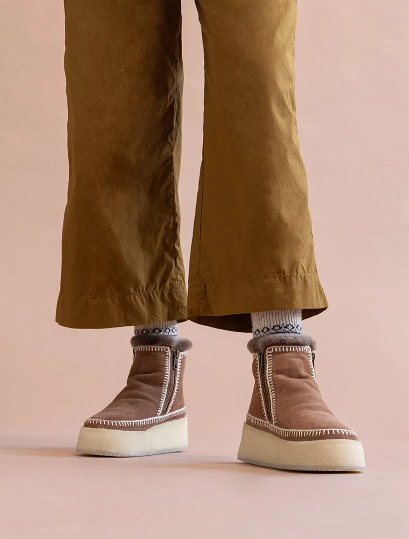Setsu Platform Crochet Ankle Boot Camel Suede Natural