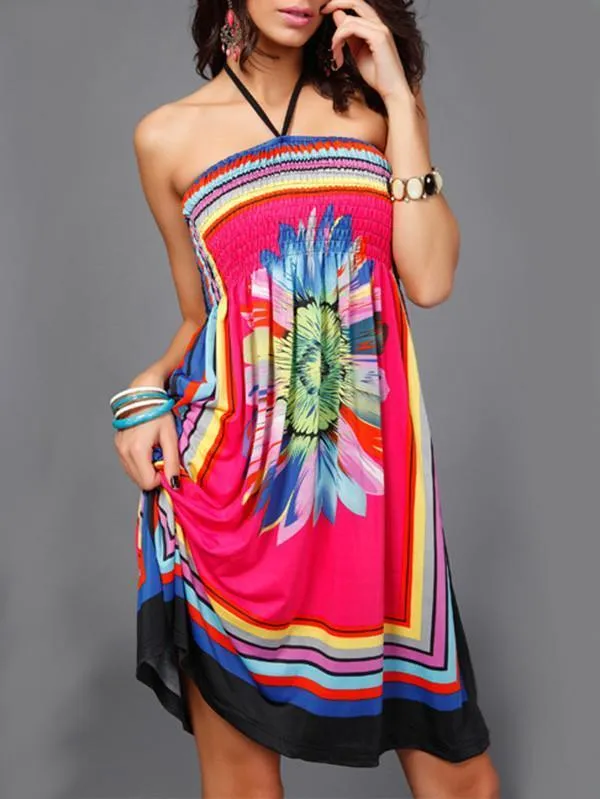 Sexy Bohemia Floral Halter Strapless A Line Mini Dress