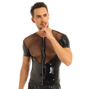 Sexy Fishnet Splice Punk Clubwear Costume Short Sleeve Style Men T-Shirt
