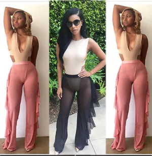 Sexy sheer side ruffle bikini swimwear coverup pant